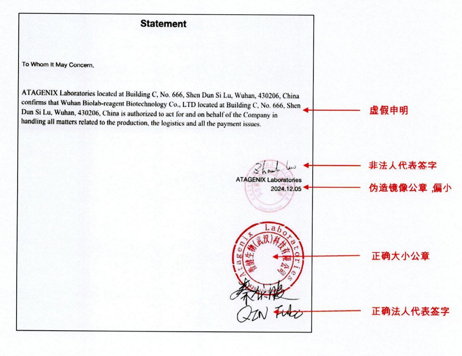 佰乐博伪造的《Statement》文件对比说明